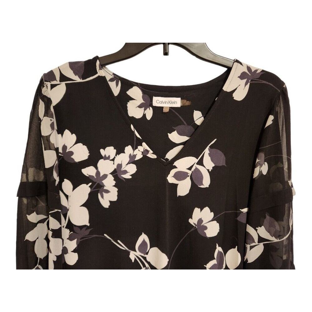 Calvin Klein Blouse Romantic Sheer Sleeve Dressy Floral V Neck Size Medium - Picture 3 of 12